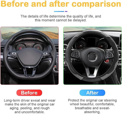 Osilly Car Steering Wheel Cover, 15 inch Carbon Fiber Microfiber PU Leather Elastic Steering Wheel Protector for Men Women, Anti-Slip Breathable Car Interior Accessories for Most Cars (Black/Gray)