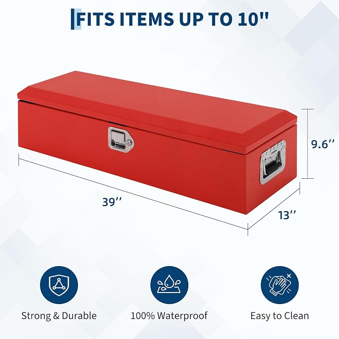 Heavy Duty Steel Metal Tool Box 39" for Truck Bed, Locking Plate Crossbed Storage Chest with Gas-Strut Assisted Lid, Weather-Resistant Truck Bed Tool Box for Pickup, Trailer, RV