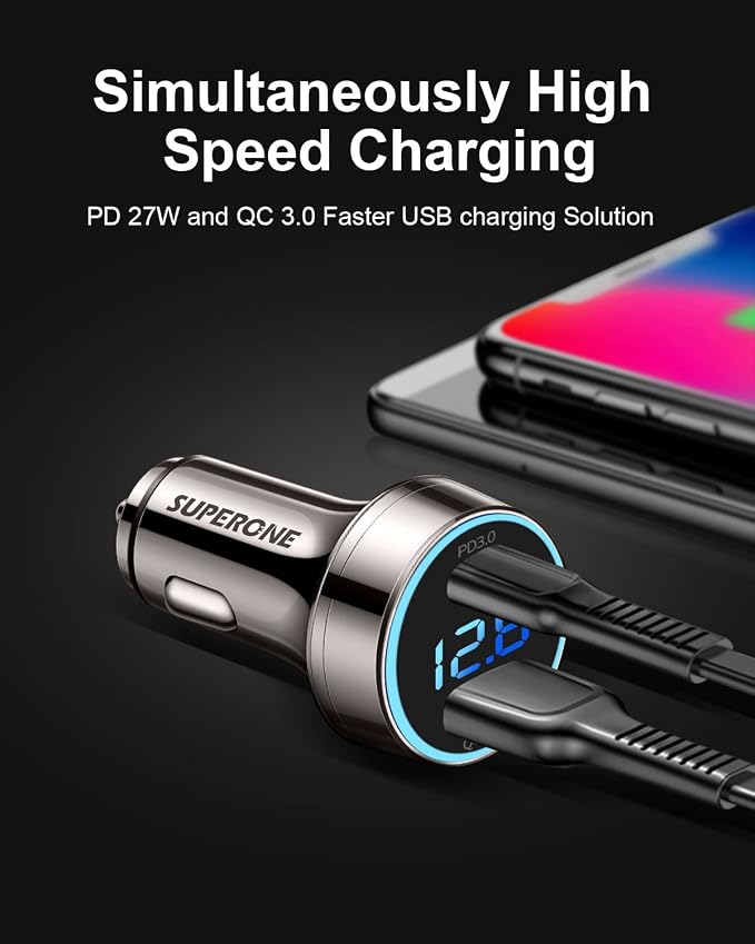 [Pure Copper] USB C Car Charger, SUPERONE 45W Dual USB Car Charger Adapter with 27W/20W PD Port, Fast QC3.0 LED Voltmeter for iPhone 17 16 15 14 Max/Pro/Plus/Mini, Pixel 9/8/7, Samsung S25/S24 More