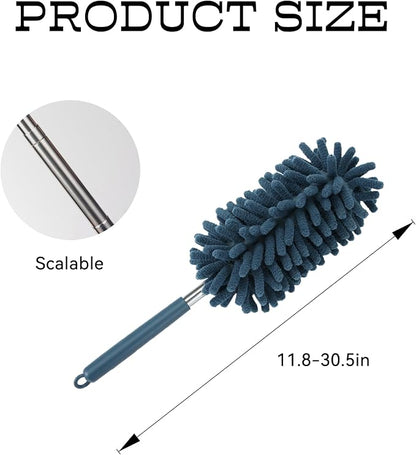 2PCS Car Interior Duster with Extension Pole, Microfiber Retractable Dusters Auto Dash Cleaning Tool, Soft Chenille Hand Washable Dusters for Vehicle Window Office Furniture (Blue)