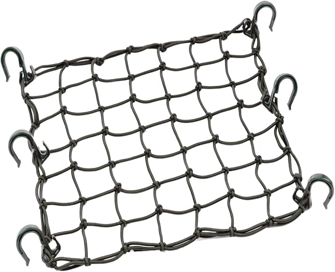 Small Cargo Net 15"x15" Stretches to 30"x30" with Thicken Hooks | Natural Latex Core, Tight 2”x2” Mesh Heavy Duty Bungee Net for Motorcycle Helmet, Bike, ATV, UTV, Luggage (Black, 1 Pack)