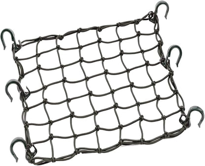 Small Cargo Net 15"x15" Stretches to 30"x30" with Thicken Hooks | Natural Latex Core, Tight 2”x2” Mesh Heavy Duty Bungee Net for Motorcycle Helmet, Bike, ATV, UTV, Luggage (Black, 1 Pack)