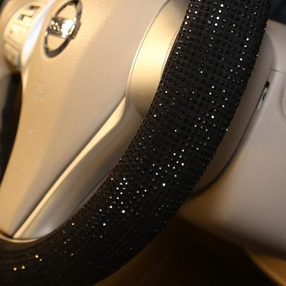 Bling Steering Wheel Cover Women Girls Black Rhinestone Car Accessories 15 Inch Universal Crystal Diamond Cool Bling Anti-Slip Wheel Protector