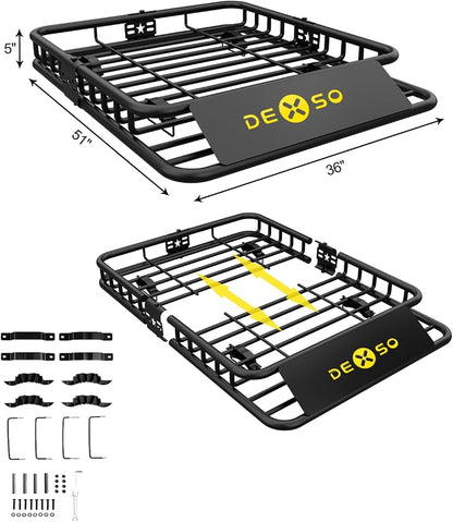DEXSO Universal Roof Rack Basket, 51" x 36" Rooftop Cargo Carrier Basket, 200 Lbs Capacity Car Cargo Rack, Heavy Duty Luggage Rack for SUVs, Trucks, Vehicles