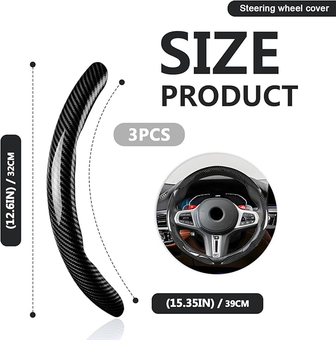 3pcs Universal Carbon Fiber Steering Wheel Cover - Anti-Slip & Segmented Design, Universal 99% Durable Steering Wheel Protector for Men and Women, Car Interior Accessory (Black)