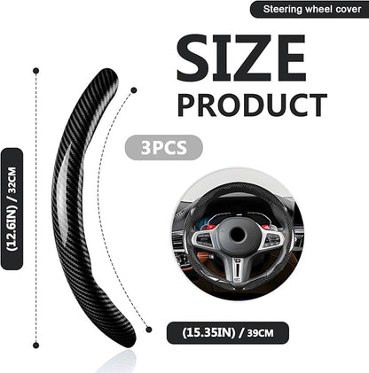 3pcs Universal Carbon Fiber Steering Wheel Cover - Anti-Slip & Segmented Design, Universal 99% Durable Steering Wheel Protector for Men and Women, Car Interior Accessory (Black)