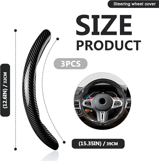 3pcs Universal Carbon Fiber Steering Wheel Cover - Anti-Slip & Segmented Design, Universal 99% Durable Steering Wheel Protector for Men and Women, Car Interior Accessory (Black)