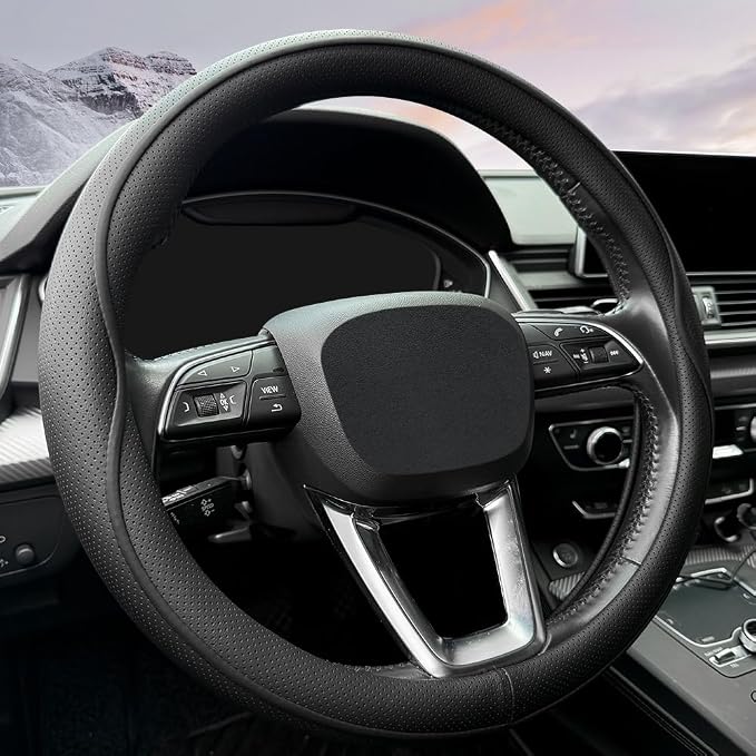 HAOTULE Leather Steering Wheel Cover， with Anti-Slip Stripe Design - Enhanced Grip, Fashion Style, Safe, Non-Slip, Breathable. Upgrade car Interior，Black