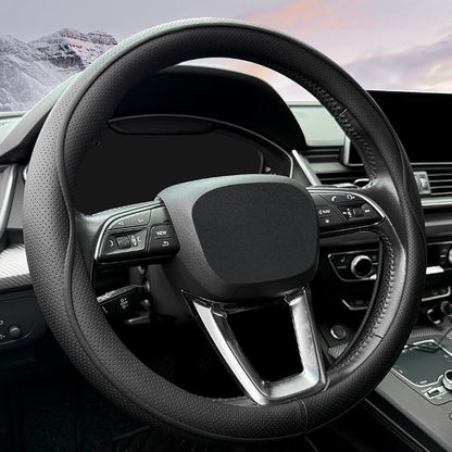 HAOTULE Leather Steering Wheel Cover， with Anti-Slip Stripe Design - Enhanced Grip, Fashion Style, Safe, Non-Slip, Breathable. Upgrade car Interior，Black