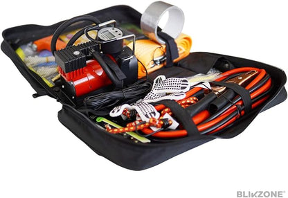 BLIKZONE Red Car Emergency Kit for Vehicles Road Trip, with All the Essentials as Flat Tire Repair, Jumper Cables, Digital Air Compressor, Multitool and All the Car Safety Accessories