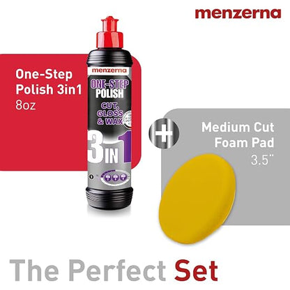 menzerna All-in-One polishing Kit I Car polishing Set with Menzerna One-Step Polish 3in1 (8oz) and 3.5 Inch Polishing Pad I Moderate Scratch Remover, high Gloss and Wax Kit for All Types of Vehicles