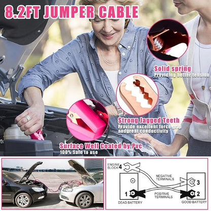 Car Emergency Kit, Pink Roadside Emergency Car Kit with Jumper Cables, Tow Rope, Safety Hammer, Pink Car Accessories for Women