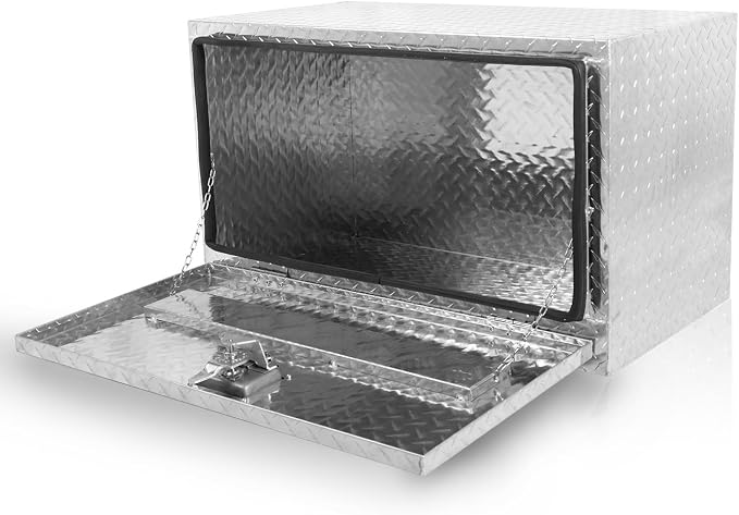 FORWODE 30x17x18 Inch Underbody Truck Tool Box Aluminum Trailer Tool Box with Lock & Foldable T-Handle Waterproof Truck Storage Box for Pickup Truck, Trailer, RV, ATV, Indoor（SILVER）