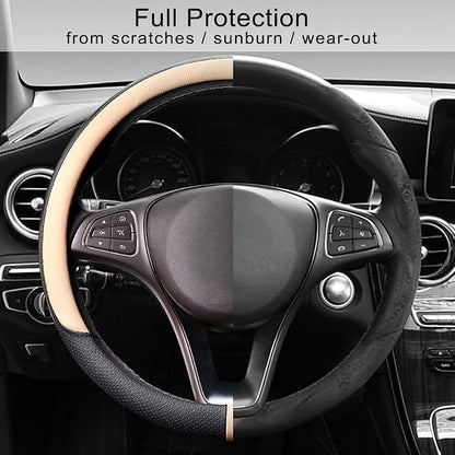 COFIT Breathable Car Steering Wheel Cover 15 inch Auto Universal Leather Wrap Non-Slip Steeringwheel Protector Automotive Interior Accessories, Beige (Suit for 14 1/2-15 inch)