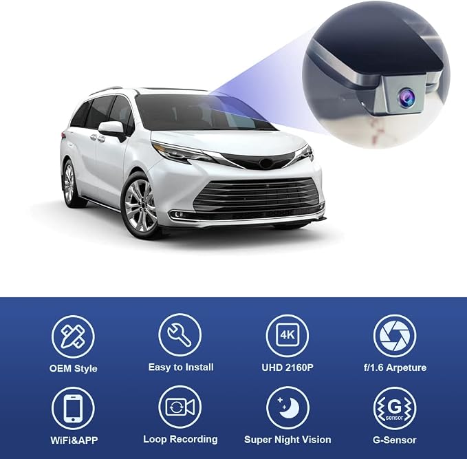 Fitcamx 4K Dash Cam Suitable for Toyota Sienna 2021-2026 LE Limited XLE Platinum XSE (XL40), OEM Factory Look, 2160P UHD Video, Loop Recording, WiFi & APP, G-Sensor, Easy to Install, 64GB Card