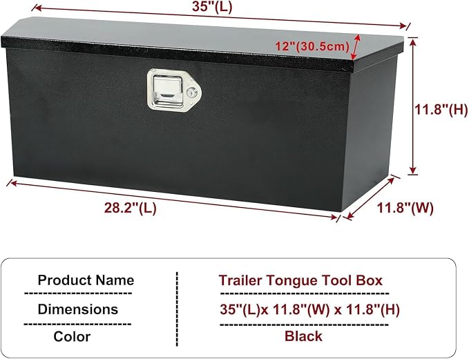 35 Inch Trailer Tongue Tool Box, Steel Storage Truck Tool Box, 35" x 11.8" x 11.8" Tool Chest Organizer w/Lock and Keys For Pickup,Truck Bed, RV, Trailer,Heavy Duty Waterproof Black Toolbox