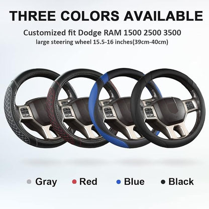 West Llama Customized Auto Car Steering Wheel Cover for Dodge RAM 1500 2500 3500, 15.5-16 inch (Diamond Quilted-Black+Gray-Large Size)