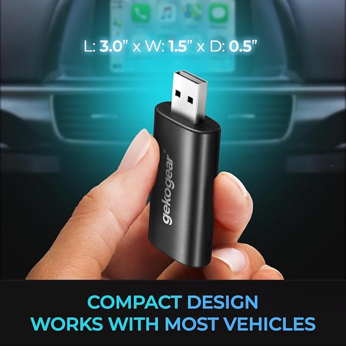 GekoGear Wireless CarPlay USB Adapter for Apple iPhone iOS 12+ Small Car Play Dongle for OEM Wired CarPlay Car Model 2016+ USB C to USB A Cable