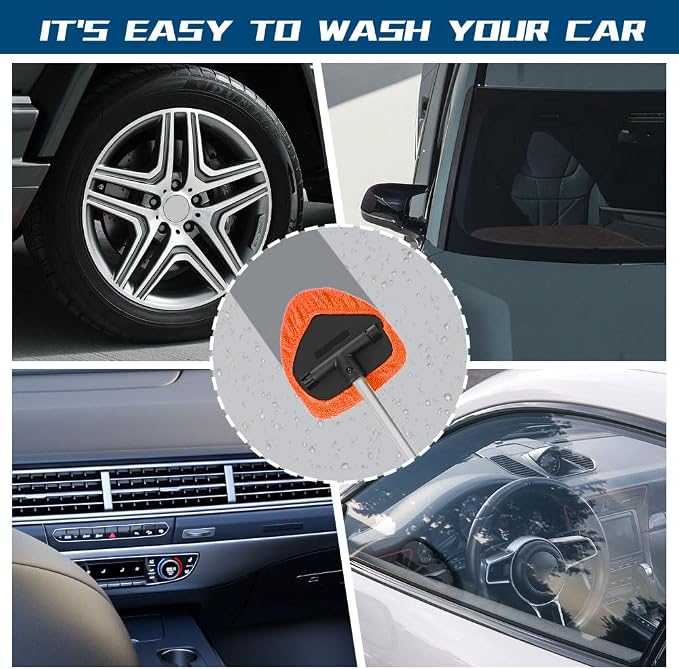 Car Wash Brush with Long Handle, Windshield Cleaning Tool, Car Washing Mop Kit Mitt Sponge Car Cleaning Supplies Kit, Microfiber Towel Gloves Universal for Cars RV SUV Truck Office (Orange)
