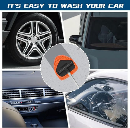 Car Wash Brush with Long Handle, Windshield Cleaning Tool, Car Washing Mop Kit Mitt Sponge Car Cleaning Supplies Kit, Microfiber Towel Gloves Universal for Cars RV SUV Truck Office (Orange)