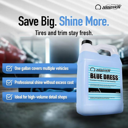 Nanoskin BLUE DRESS Premium Dressing 5 Gallons- Sprayable Interior & Exterior| Works on Tire, Vinyl, Rubber, Plastic & Trim | Safe for Cars, Trucks, Motorcycles, RVs, Light Blue, 640 Fl Oz (Pack of 1)