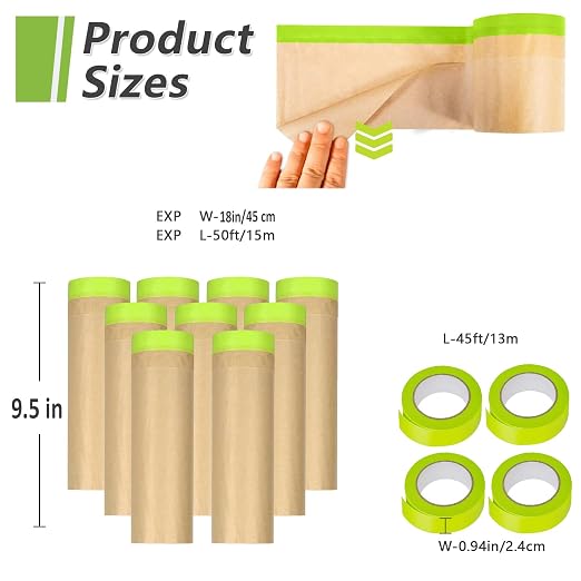 9 Rolls Pre-Taped Masking Paper for Painting and 4 Rolls Masking Tape Set -18 inch x 50 feet Tape and Drape for Painting, Painters Paper for Automotive Paint Masking, Floor Protection,Wall Covering