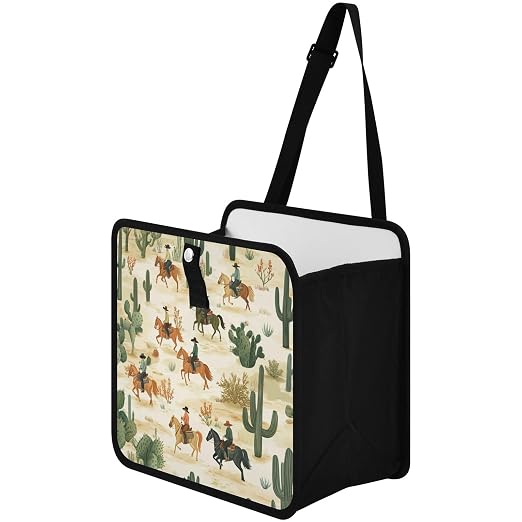Car Trash Can Organizer Bin with Adjustable Strap for Back Front Seat Console Waterproof Leakproof Collapsible Portable 8.66 Inch Cute Cacti Desert Cowboys Horses