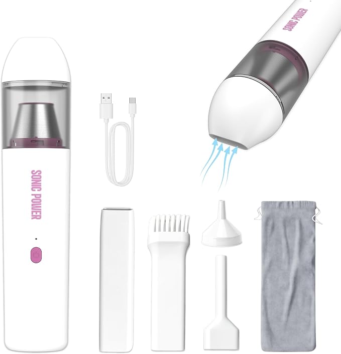 SonicPower Portable Cordless Car Vacuum, 15000Pa High Suction Handheld Vacuum Cleaner, 2-in-1 Vacuum & Blower, with 4 Attachments & Portable Storage Bag for Car, Home, Pet & Office (White & Pink)