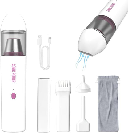 SonicPower Portable Cordless Car Vacuum, 15000Pa High Suction Handheld Vacuum Cleaner, 2-in-1 Vacuum & Blower, with 4 Attachments & Portable Storage Bag for Car, Home, Pet & Office (White & Pink)