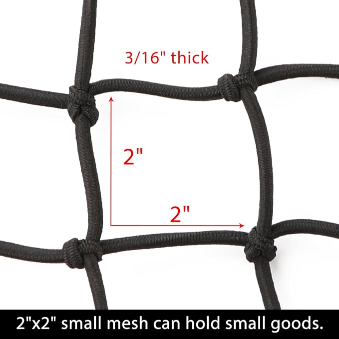 CZC AUTO 22"x38" Black Latex Bungee Cargo Net Strech to 44"x76", Luggage Netting with 2"X2" Small Mesh and 12 Adjustable Plastic Hooks for Rooftop Cargo Carrier Roof Rail Rack Hitch Basket SUV, 2 Pack