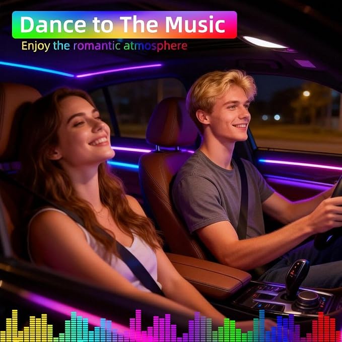 Acrylic Interior Car LED Lights with Remote and Wireless APP, Ambient Lighting Kits Fiber Optic Strip LEDs,16 Million Colors Music&DIY Function (8 in 1)