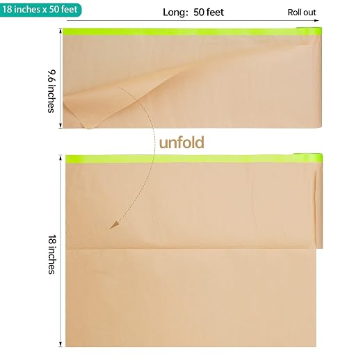 Tangibay Pre-Taped Masking Paper for Painting - 18 inch x 50 feet Tape and Drape Painters Paper, Paint Adhesive Protective Paper Roll for Covering Skirting, Frames, Cars and Auto Body (1 Roll)