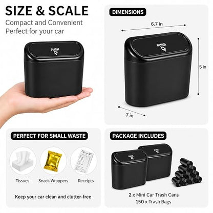 Mini Car Trash Can – Leakproof Vehicle Garbage Bin, 2-Pack with 150 Trash Bags, Portable Hanging Car Organizer for SUV & Sedan