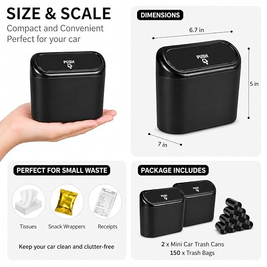 Mini Car Trash Can – Leakproof Vehicle Garbage Bin, 2-Pack with 150 Trash Bags, Portable Hanging Car Organizer for SUV & Sedan