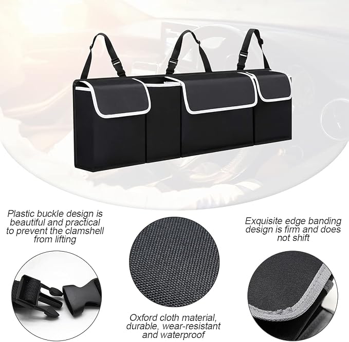 Osilly Car Trunk Organizer with Lid, Backseat Hanging Storage Bag with 4 Pockets & 3 Adjustable Straps, Waterproof PVC Collapsible Cargo Bag, Car Interior Accessories for Auto SUV MPV