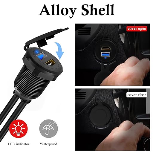 USB 3.0 & HDMI to HDMI + USB 3.0 Car Mount Flush Cable, Alloy Shell Dash Panel Extension Cable with LED Indicator for Car Boat Motorcycle 1ft