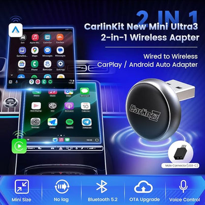 Carlinkit Mini Ultra3 Wireless CarPlay & Android Auto Adapter for OEM Wired Cars - 2.4/5Ghz WiFi Fast Boot, Plug & Play, Online Update, Mini Desgin Compatible with iOS 10+/Android 11.0+
