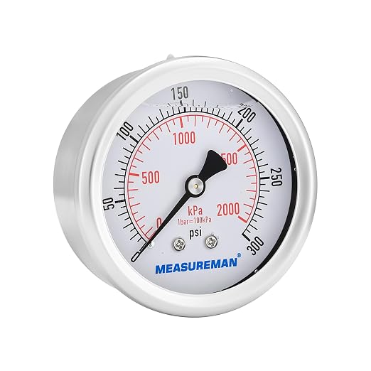MEASUREMAN 2-1/2 inch Dial Size, Liquid Filled Pressure Gauge, 0-300psi/2000kpa, 304 Stainless Steel Case, 1/4 inch NPT Back Mount