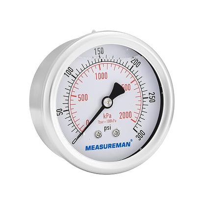 MEASUREMAN 2-1/2 inch Dial Size, Liquid Filled Pressure Gauge, 0-300psi/2000kpa, 304 Stainless Steel Case, 1/4 inch NPT Back Mount