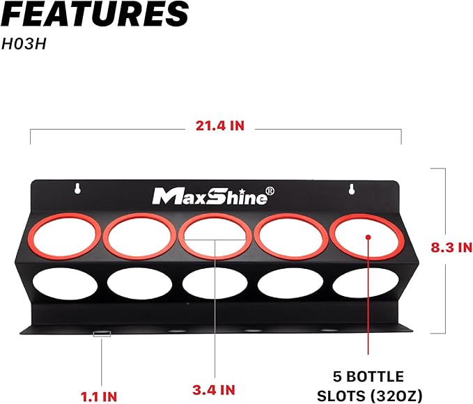 Maxshine Universal Detailing Spray Bottle Holder – Mobile Detailing & Car Garage Organizer, Holds 5 Bottles (16/32oz) with 4 Small Holes – Lightweight Design, Easy Wall Mounting (Blank)
