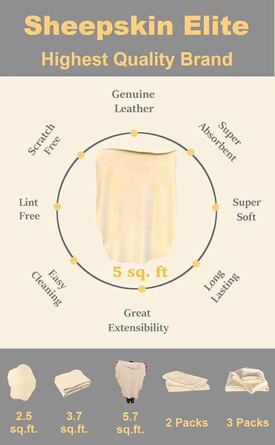SHEEPSKIN ELITE Chamois Drying Cloth Car Drying Towel Real Leather Super Absorbent Fast Drying Natural Chamois Car Wash Cloth Accessory (5 sq ft)
