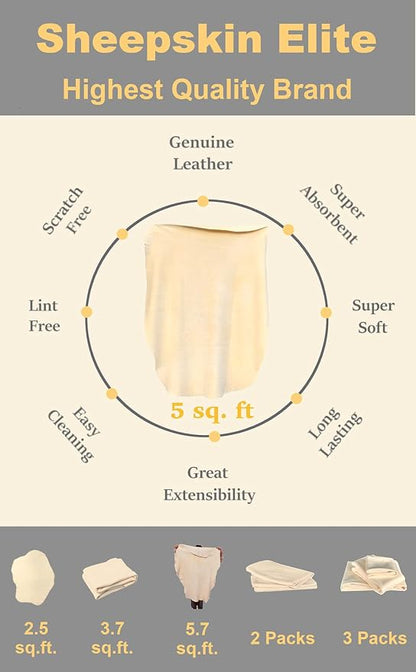 SHEEPSKIN ELITE Chamois Drying Cloth Car Drying Towel Real Leather Super Absorbent Fast Drying Natural Chamois Car Wash Cloth Accessory (5 sq ft)