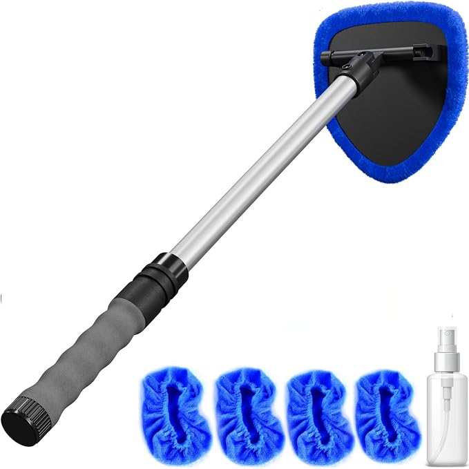 Windshield Cleaner Tool with Extendable Aluminum Handle (Up to 19.7"), Streak-Free Auto Glass Cleaning Kit with 4 Thick Microfiber Pads & Spray Bottle, Inside Window Defogger Accessories