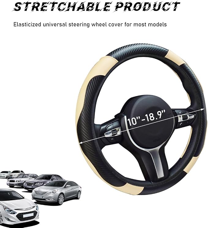 povtii Car Steering Wheel Cover, 15 Inch Leather Breathable Auto Steering Wheel Protector, Comfortable Non-Slip Vehicle Steering Wheel Covers, Universal Car Accessories (Beige, with Lining)