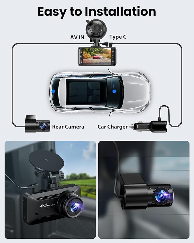 Dash Cam Front Rear 4K/1080P, Dash Camera for Cars Build in WiFi, Full HD Dash Cam with APP Control, 3.94‘’ IPS Screen Dash Camera with 32GB SD Card, G-Sensor, WDR, 24Hr Parking Mote, Loop Recording