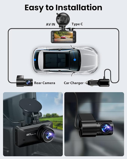 Dash Cam Front Rear 4K/1080P, Dash Camera for Cars Build in WiFi, Full HD Dash Cam with APP Control, 3.94‘’ IPS Screen Dash Camera with 32GB SD Card, G-Sensor, WDR, 24Hr Parking Mote, Loop Recording
