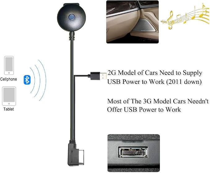Yoper Bluetooth 5.0 Adapter Compatible with Audi A3 A4 A5 A6 A7 S3 S4 Q3 Q5 Q7 Volkswagen VW Skoda 2G 3G 3G+ AMI MMI Port Cable Music Play Connector Works with Apple iPhone iPod Android Device