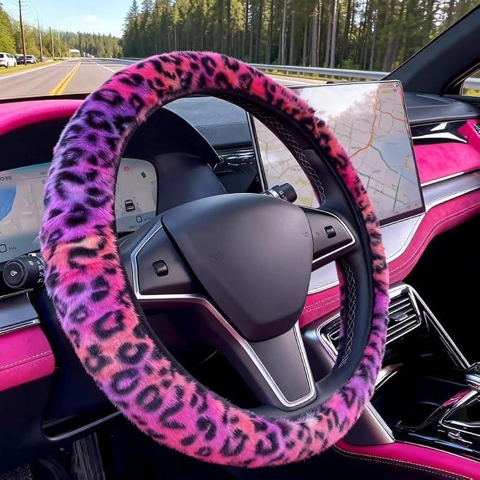 Cheetah Fuzzy Steering Wheel Cover, Girly Steering Wheel Cover, Cute Fluffy Furry Leopard Wheel Protector, Women Girl Car Christmas Decor Fit D-Shape O-Shape 14.5" to 15"