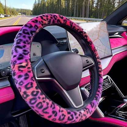 Cheetah Fuzzy Steering Wheel Cover, Girly Steering Wheel Cover, Cute Fluffy Furry Leopard Wheel Protector, Women Girl Car Christmas Decor Fit D-Shape O-Shape 14.5" to 15"