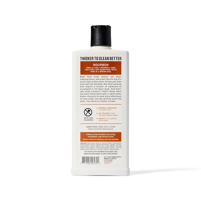 Duke Cannon Supply Co. Thick High Viscosity Body Wash - 3X Thicker, Cleansing Shower and Bath Gel, Mineral-Enriched Body Wash for Men - Big American Bourbon - Mens Body Scrub - Bourbon (18 oz)